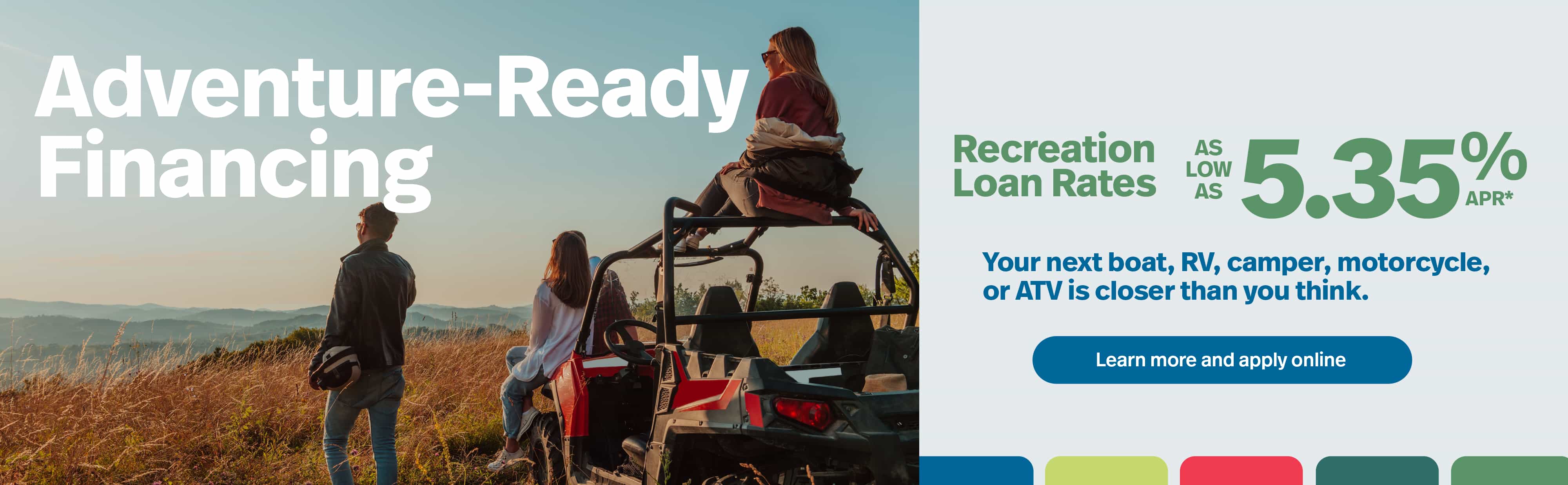 Young people enjoying a sunset while sitting in a side-by-side recreation vehicle.